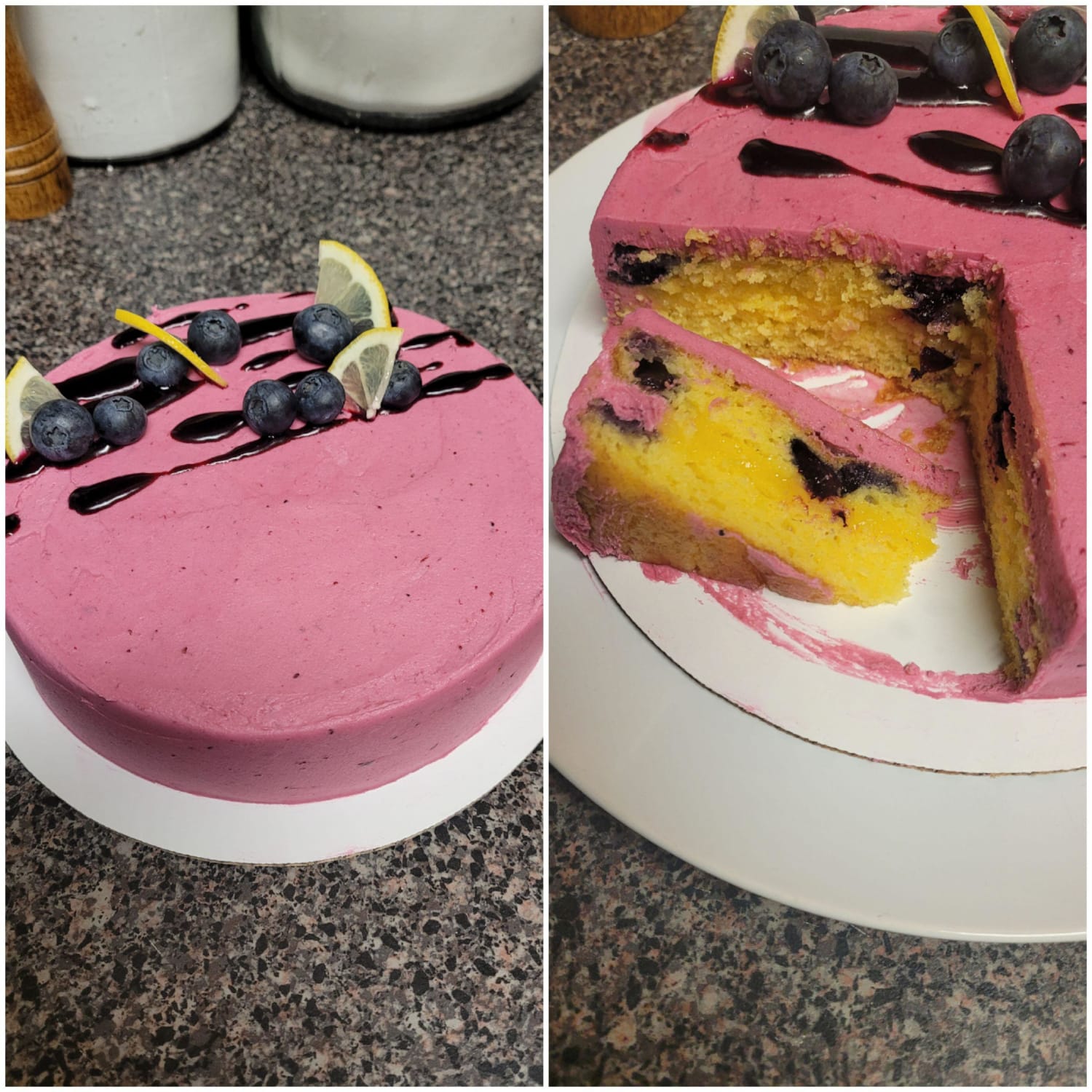 [Homemade] Lemon/blueberry cake filled with lemon curd and frosted with blueberry buttercream
