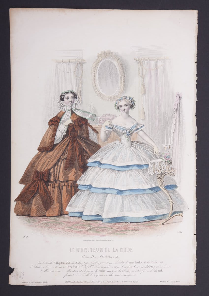The latest fashion from Paris in 1859, showcasing the extreme sizes of women's skirts during the 1850s and 1860s. Add in layers upon layers of sumptuous materials, giant bows, flowers, and frilly details, and you have one heck of a fashion statement.