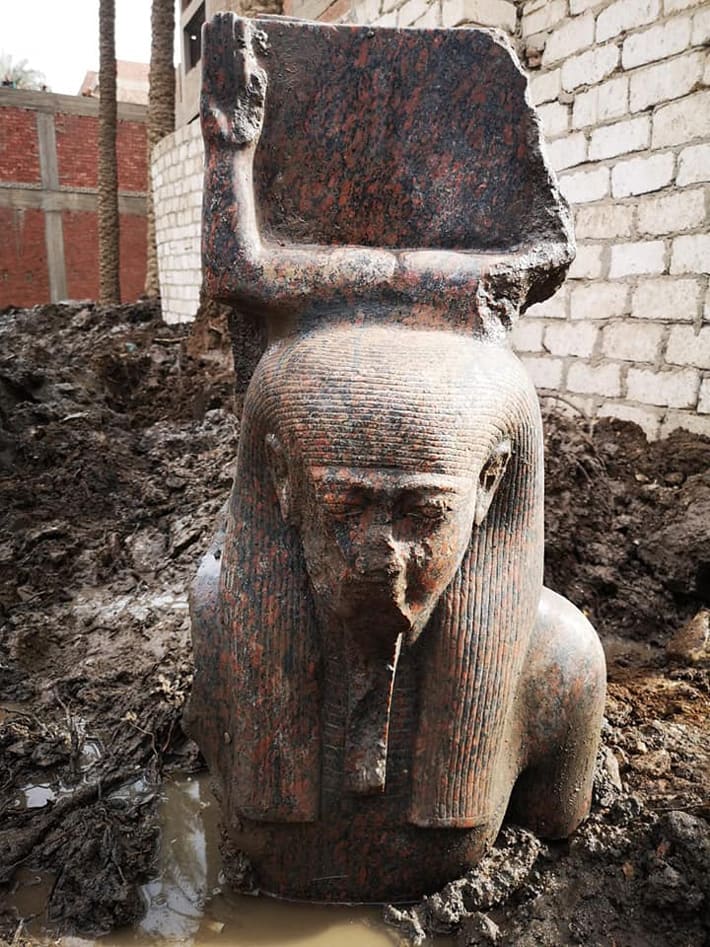 A 3.5-foot-tall red granite bust of Ramesses II (r. c.a. 1279 to 1213 B.C.), who is shown wearing a wig with the “Ka” symbol—representing power, life force, and spirit—over his head, has been discovered on private land in Giza.