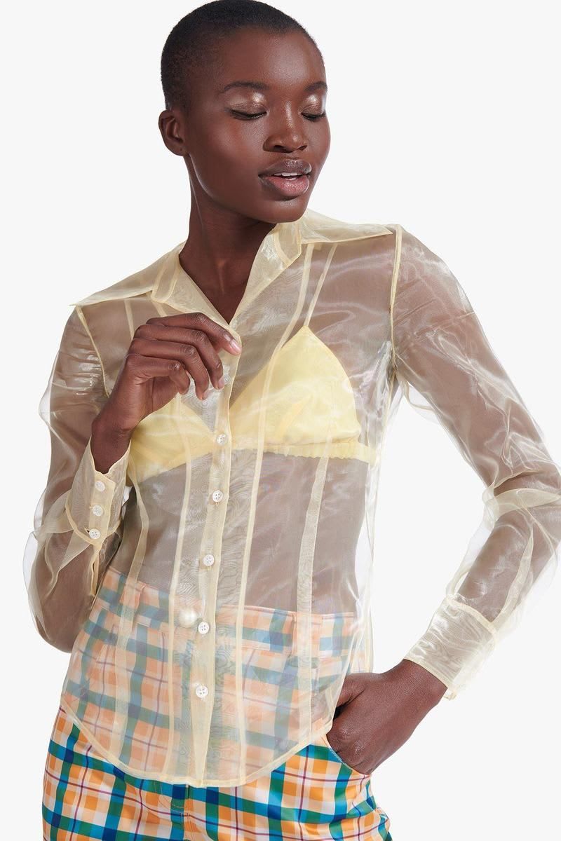 The Hendrix Set is delicate organza button up that includes a matching bra top. This piece runs small - size up. #women #fa… | Bra tops, Chalet dresses, Pale yellow