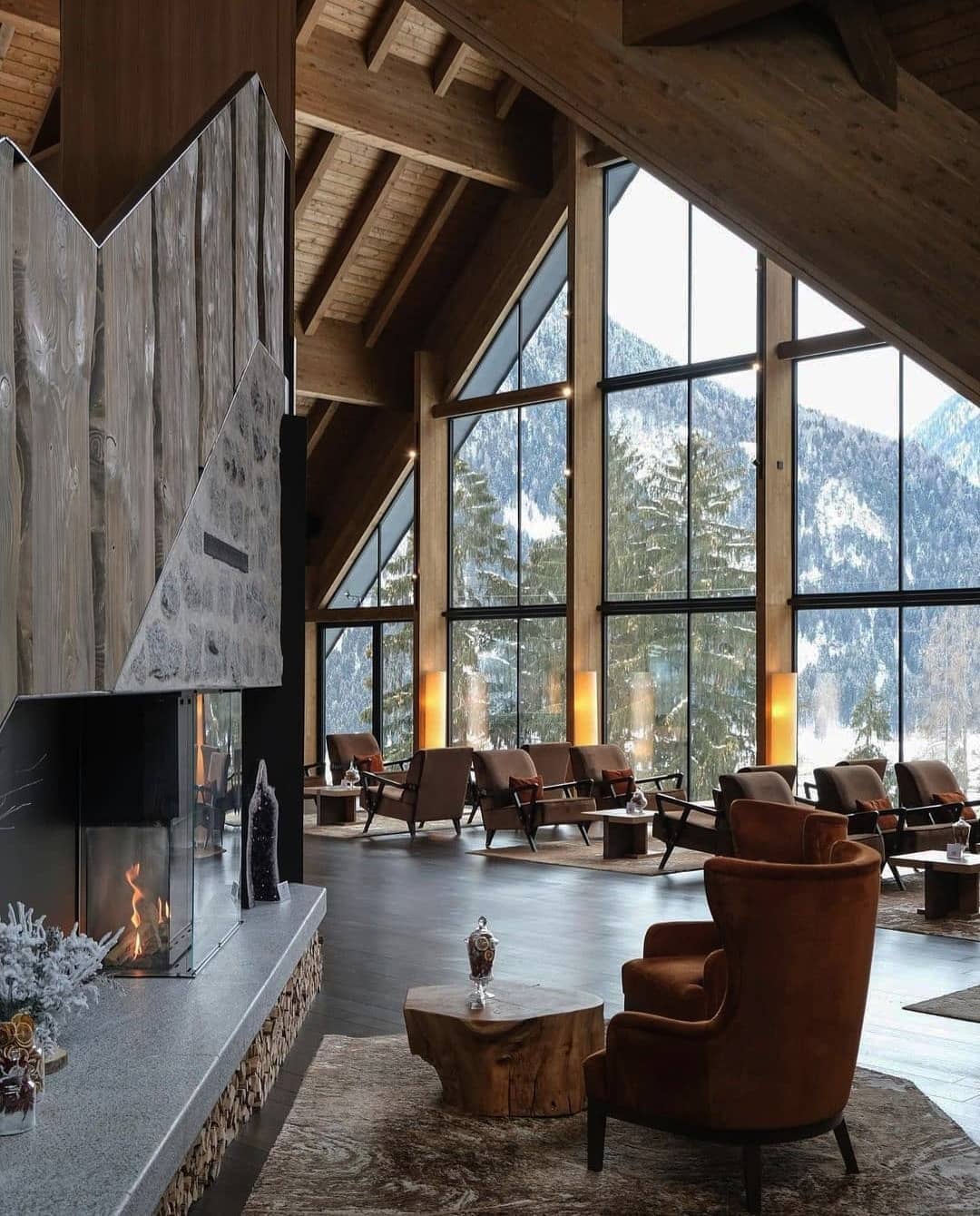 Hotel lobby with a view of the Italian Alps in Pinzolo, Trentino, northern Italy