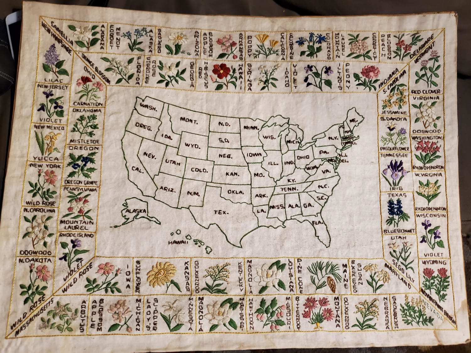 Helped my 70 year old aunt move today and was just floored by this wildflower map of the United States. She said her grandmother (my great grandma) had made it.