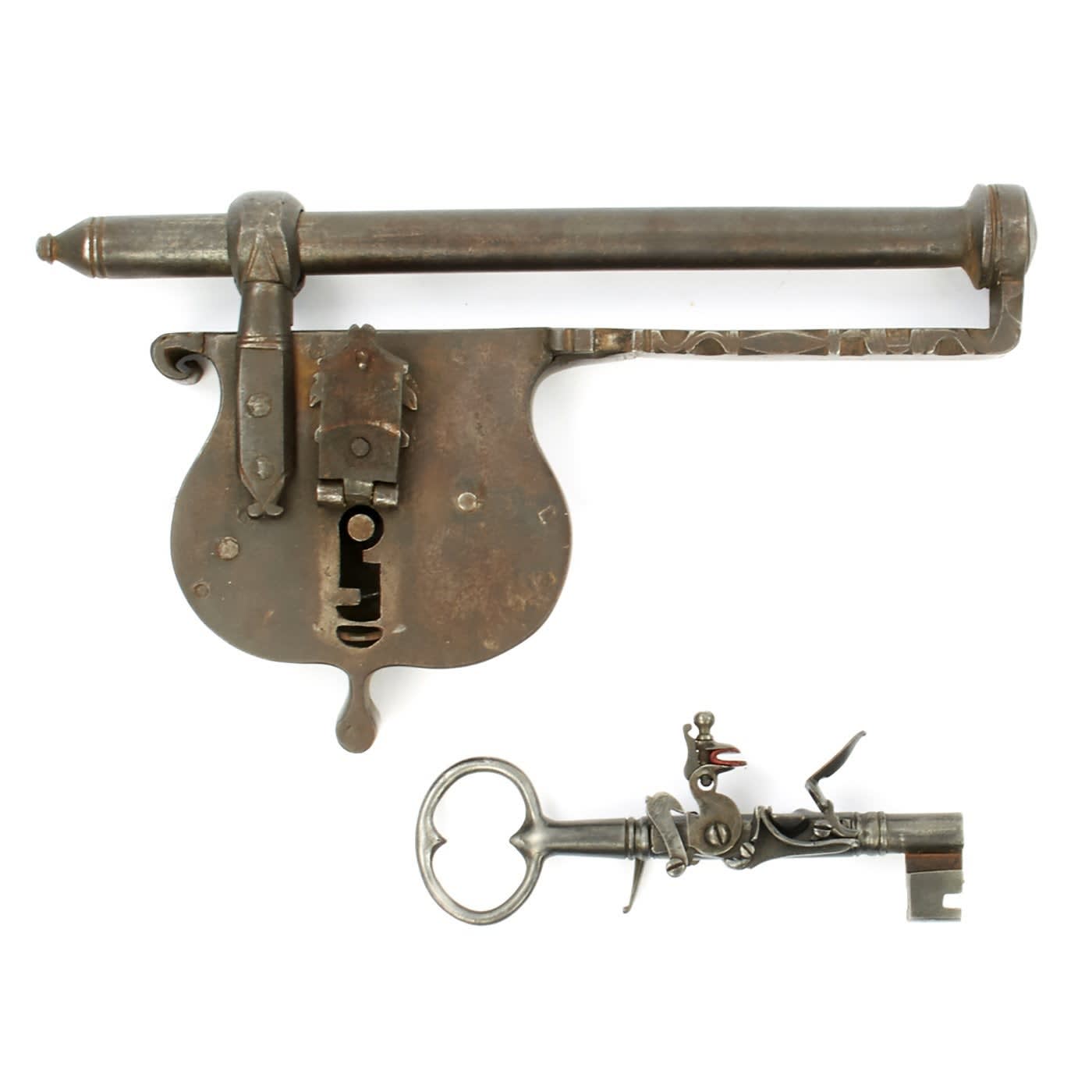 A German 18th century jailer's key gun with lock. Key pistols were used by jailers for self-defense and for sounding an alarm. The idea being that the jailer could use the same object to open the cell door and also defend himself in the event that prisoners tried to escape or attack