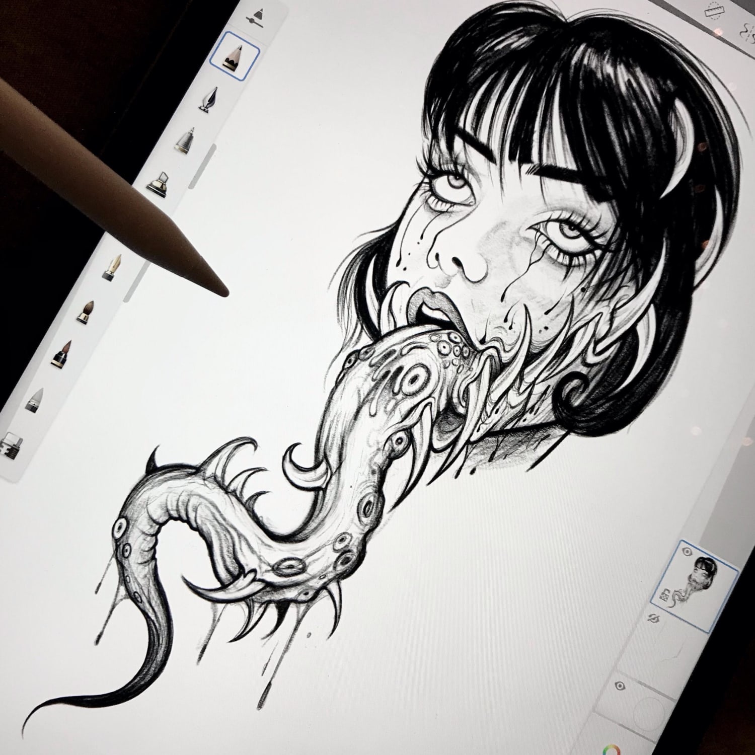 Sketch of a woman with a monster tongue on iPad,what we think?