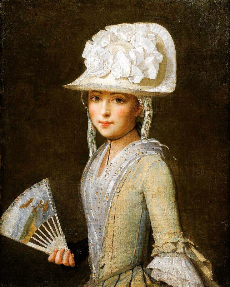 Portrait of a young woman with a fan from the Ecole Provençale. This more simplistic dress was a popular contrast to opulent rococo style.