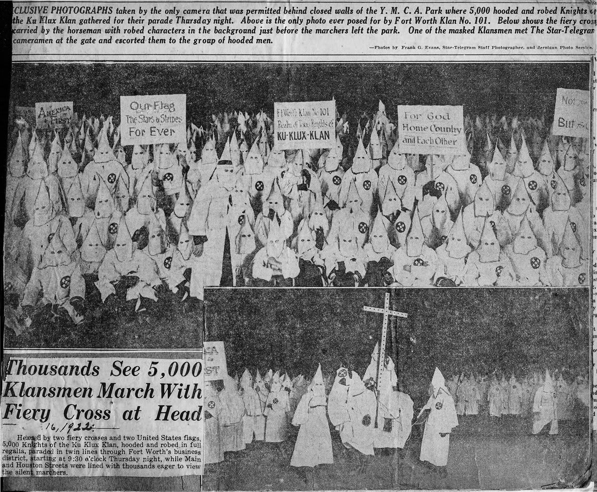 5,000 Ku Klux Klansmen, the largest-known gathering of Klansmen yet, assembles in Fort Worth, Texas for an ad hoc parade. Thousands of citizens line the streets cheering for them.