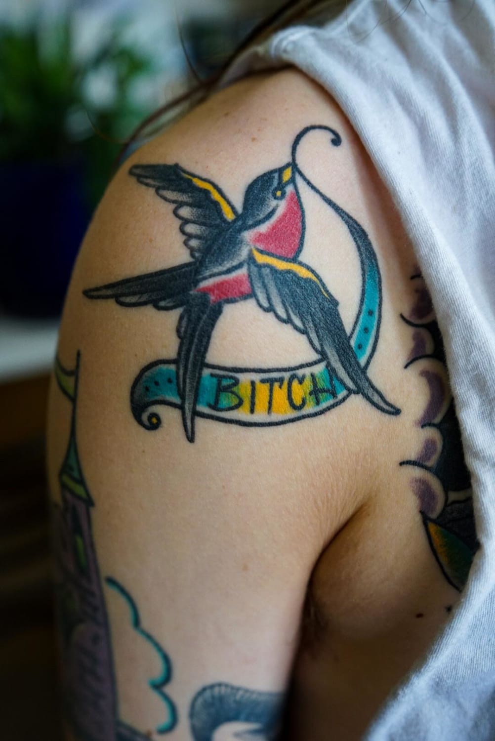 A salty swallow, done by Jamie Bartlett @ The Tucson Tattoo Expo in Tucson, AZ. Healed 12 weeks