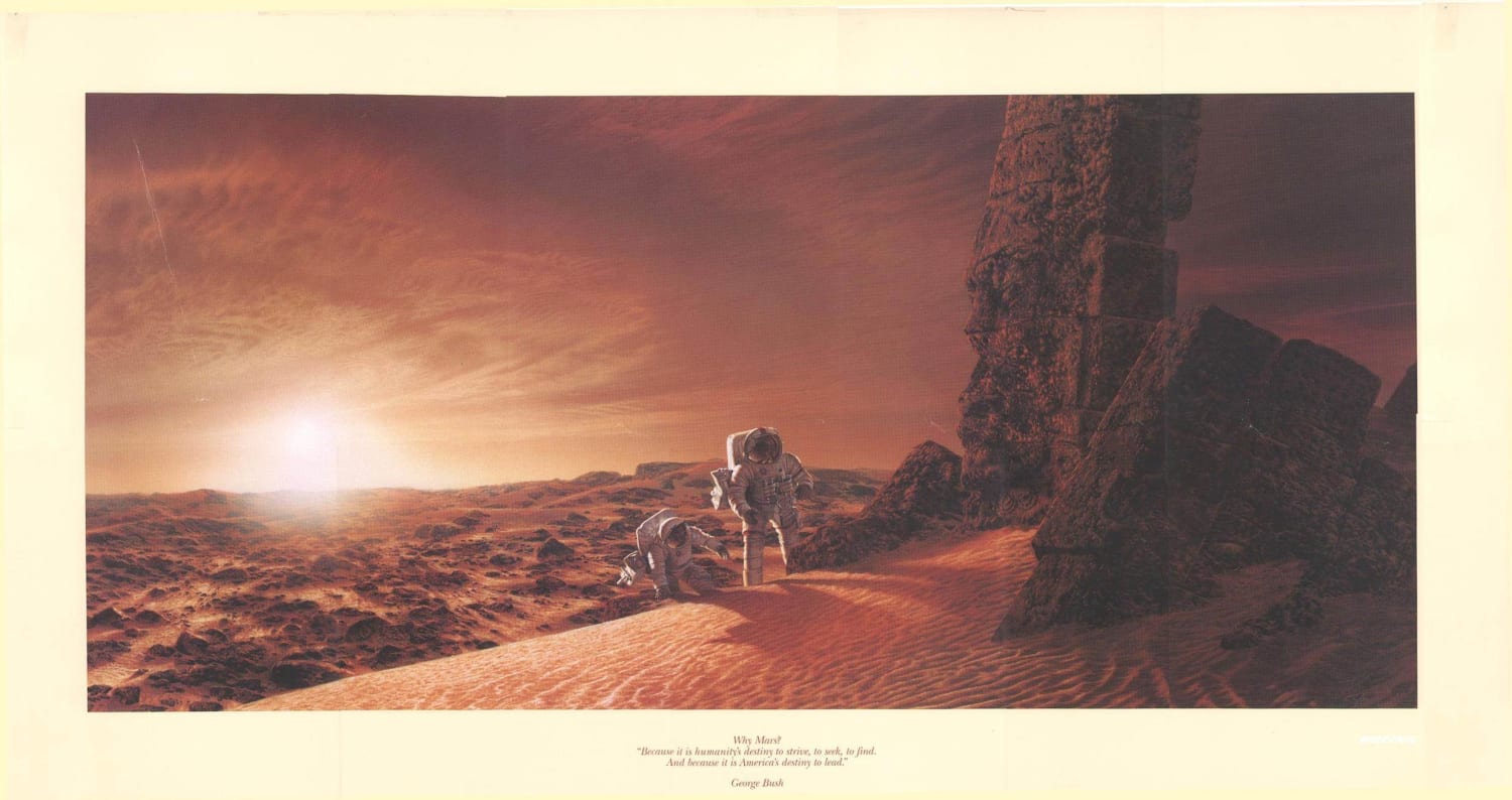 The Space Exploration Initiative was a 1989–1993 space public policy initiative of the George H. W. Bush administration, which involved a Mars mission. This is a propaganda poster from the era.