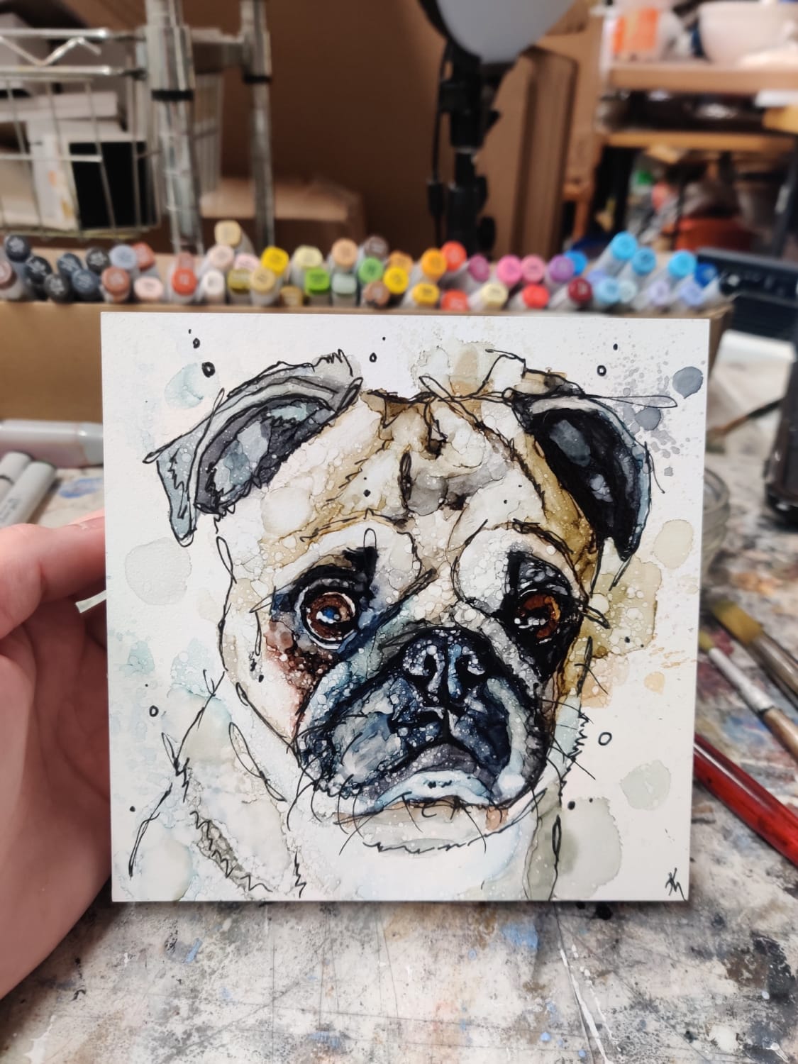 I painted this pug! I used an interesting mix of alcohol inks, acrylic, and paint pens.
