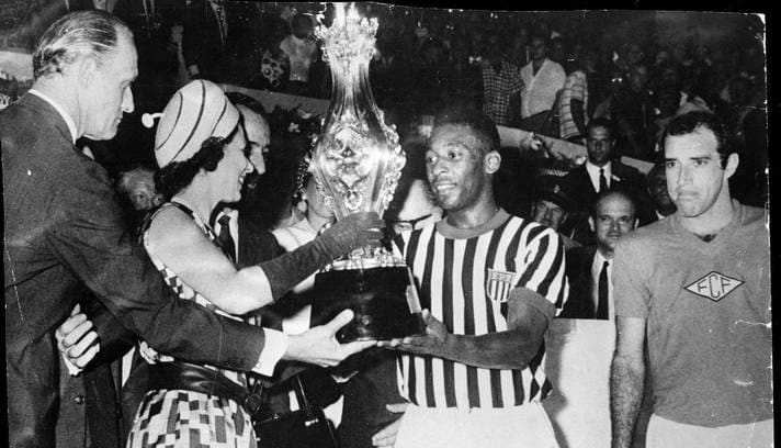 Queen Elizabeth meeting Pelé in Rio de Janeiro after a soccer match, during her first and only trip to Brazil, in 1968.