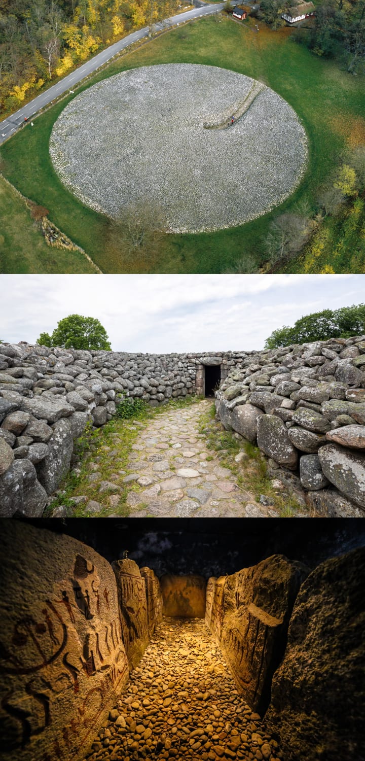 The 3400-year-old King's Grave situated near Kivik in the southeastern portion of Scania, Sweden. The site is what remains of an unusually grand Nordic Bronze Age double burial measuring 75 metres in diameter, and the cists in the interior are adorned with petroglyphs