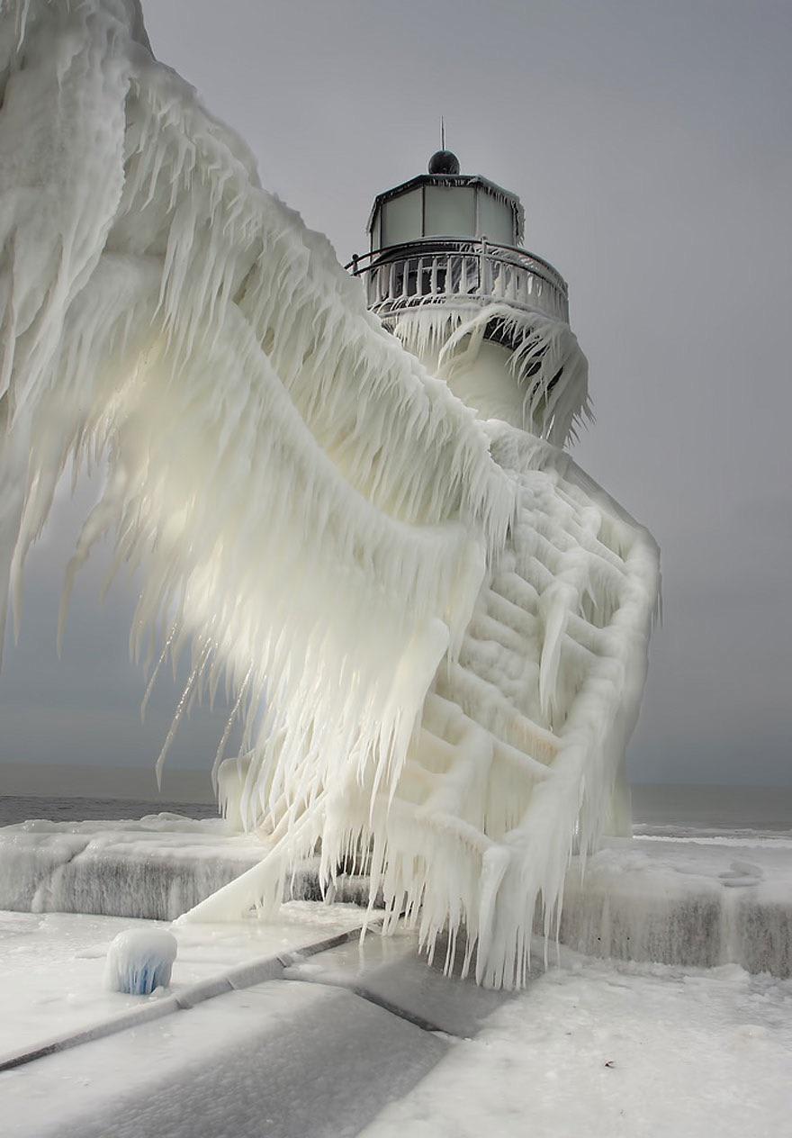 A frozen lighthouse on Lake Michigan.