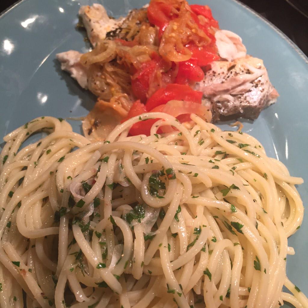 Served branzino w side of agilo e olio spaghetti evoo w melted anchovies garlic chilies dry vermouth parsley s&p http://t.co/gNQazzOovT