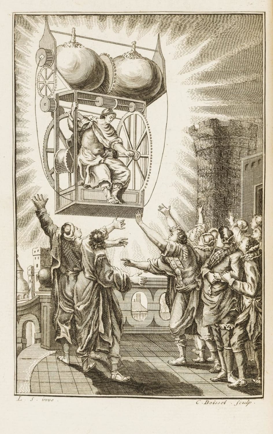 Depiction of a flying machine powered by static electricity, from “The Unpretentious Philosopher” - 1775