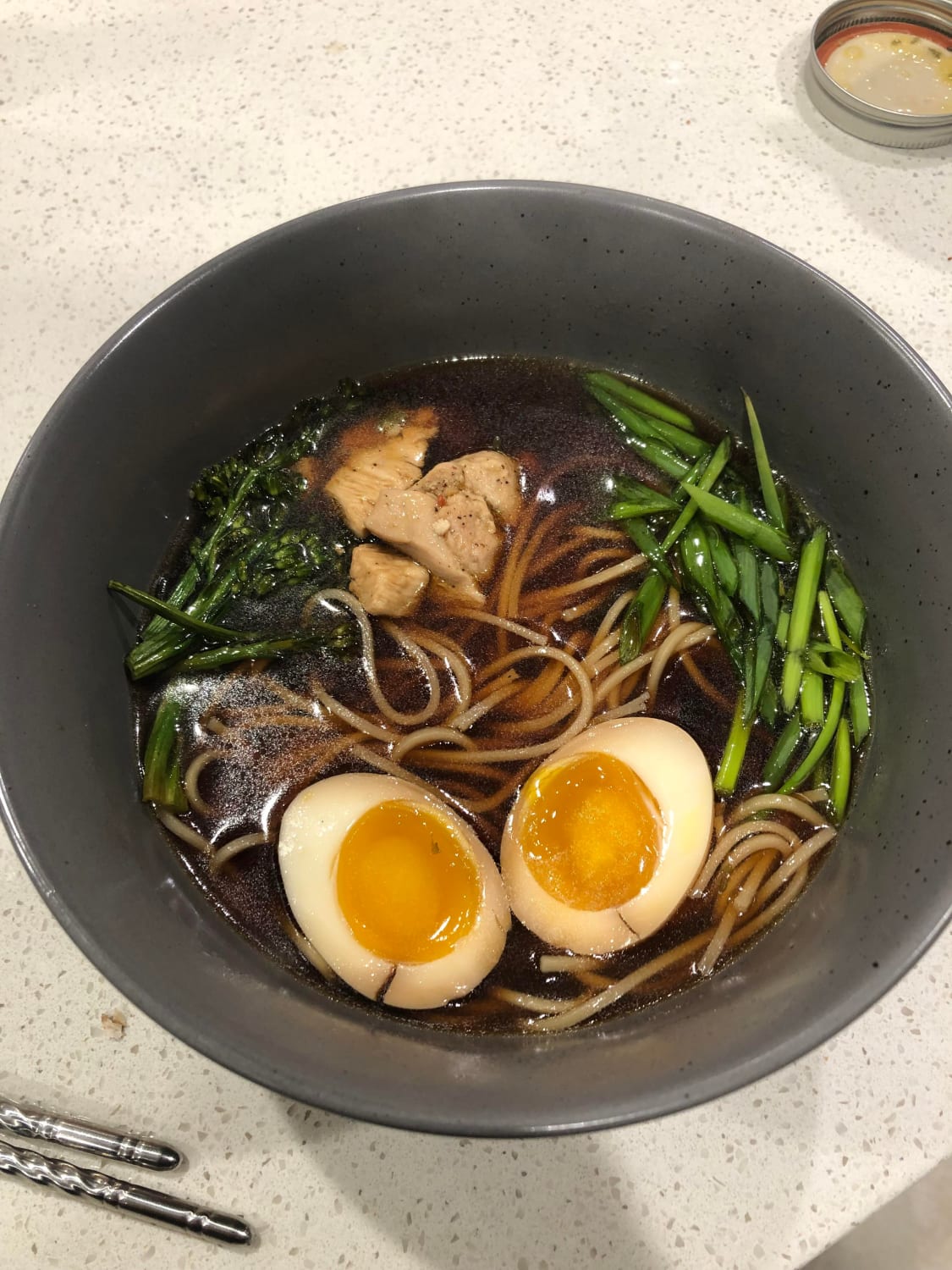 Chicken bone broth, shoyu tare, toasted sesame oil with storebought noodles.