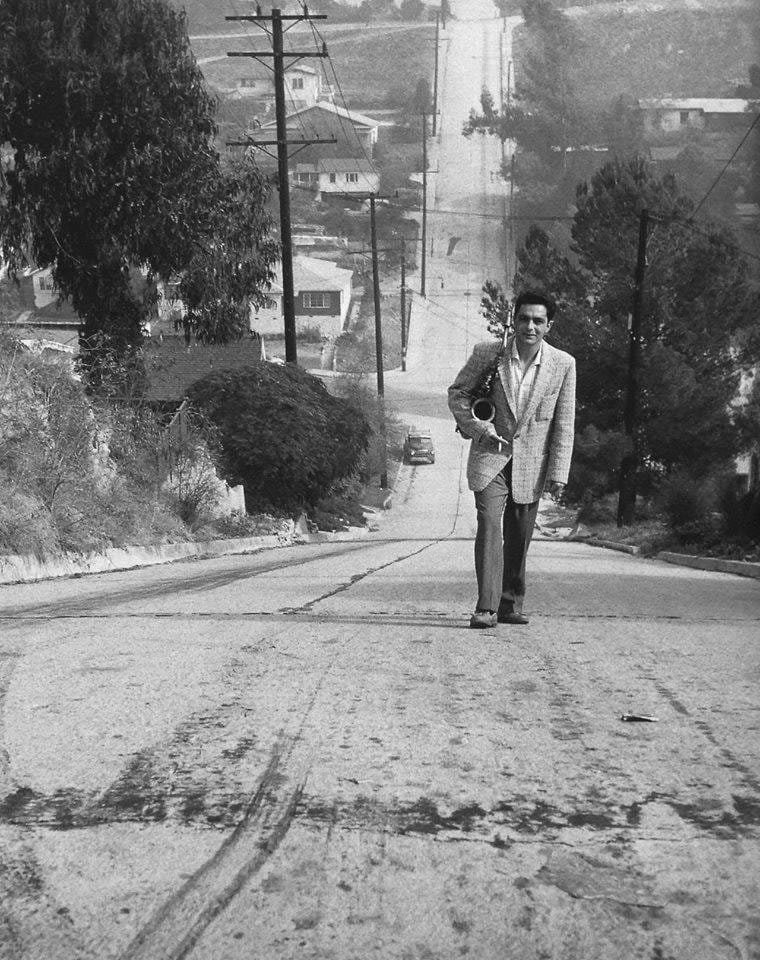 Art Pepper walking up the steepest hill in Los Angeles, Fargo St. in Echo Park.