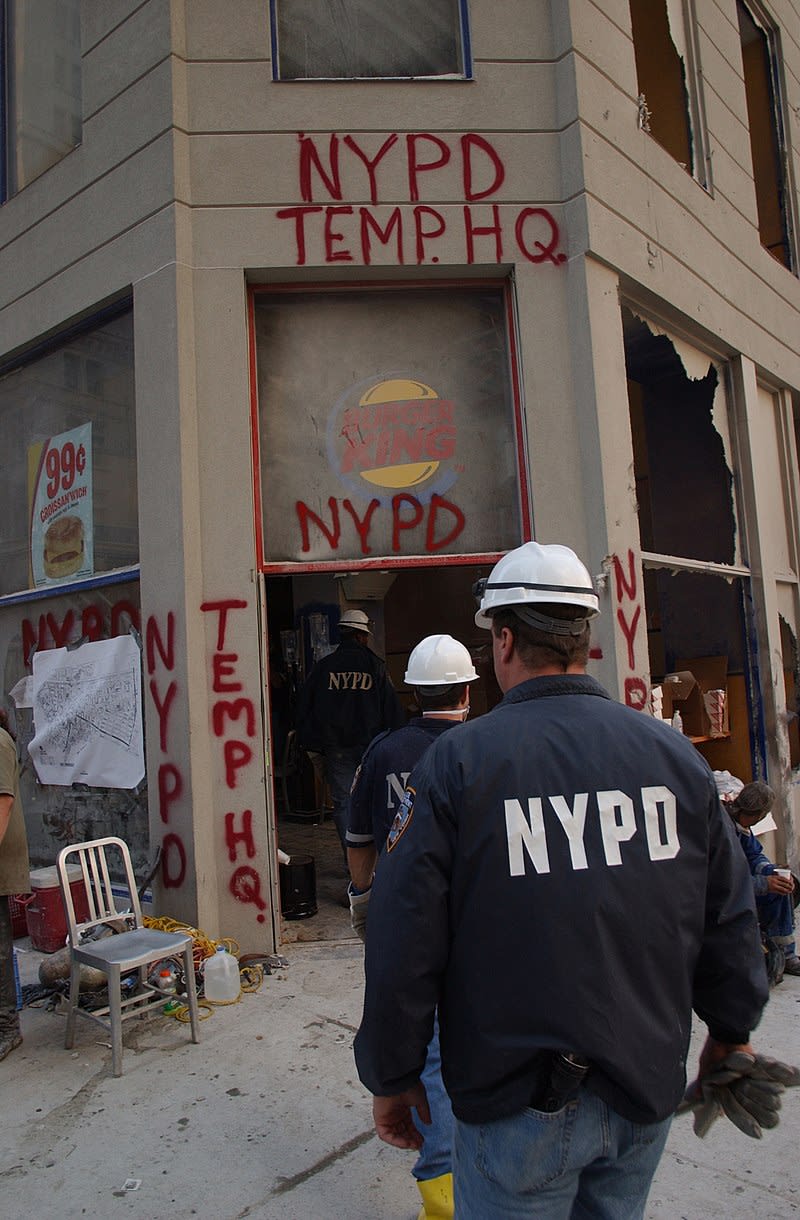 Temporary NYPD headquarters at a Burger King near the World Trade Center, September 11, 2001.