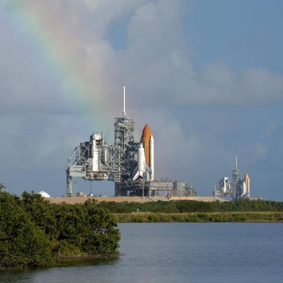 A beautiful shot of the Space Shuttle Atlantis (foreground) and Endeavour (background) on adjacent launch pads in September 2008. Credit: NASA