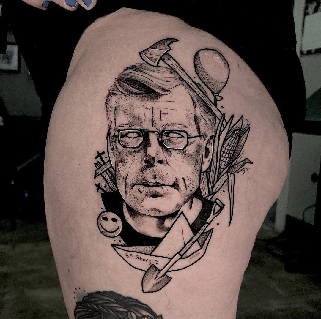 my Stephen King tattoo done by Cutty Bage at Hollow Moon Tattoo in Boone, NC