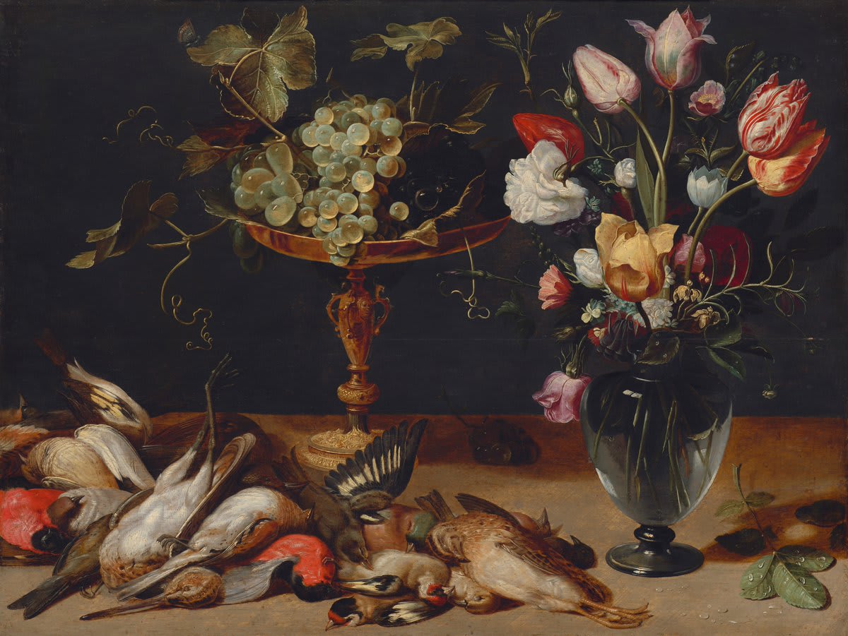 Offering a masterful compilation of flowers, birds, and grapes, the recently acquired “Still Life with Flowers, Grapes, and Small Game Birds” (1615) is a direct appeal to the senses and an early example of one of many Frans Snyders' beautifully detailed still lifes