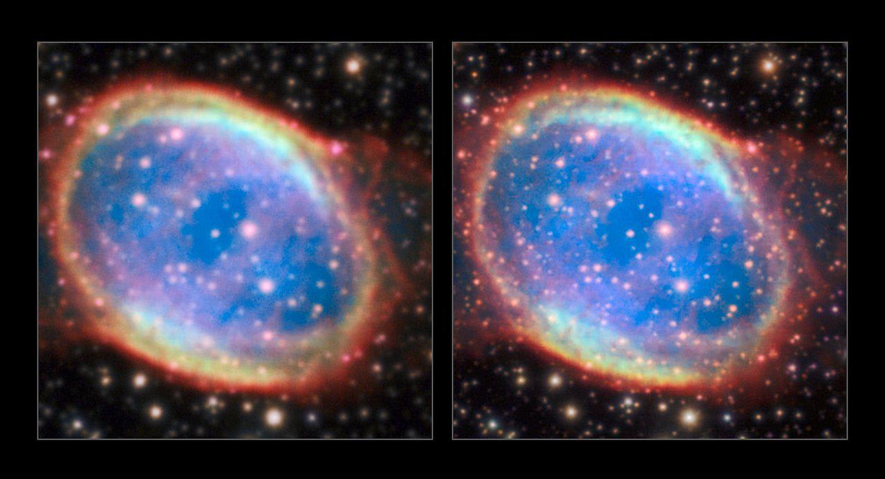 Planetary nebula NGC 6563 with and without adaptive optics on the VLT - Adaptive optics corrects for turbulence on the line-of-sight in real-time by shooting a laser in the sky that looks like a star to the telescope and one of the telescope mirrors moves to keep that "star" focussed. It's wild