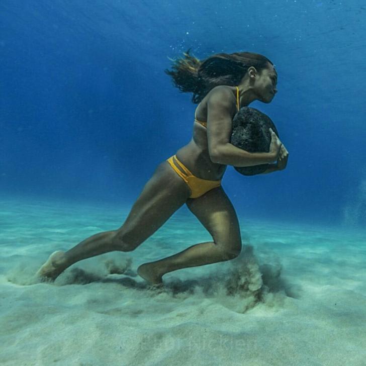 Ha’a Keaulana training for large waves by carrying a 50lb stone underwater. Haven’t we all done done some variation of this?