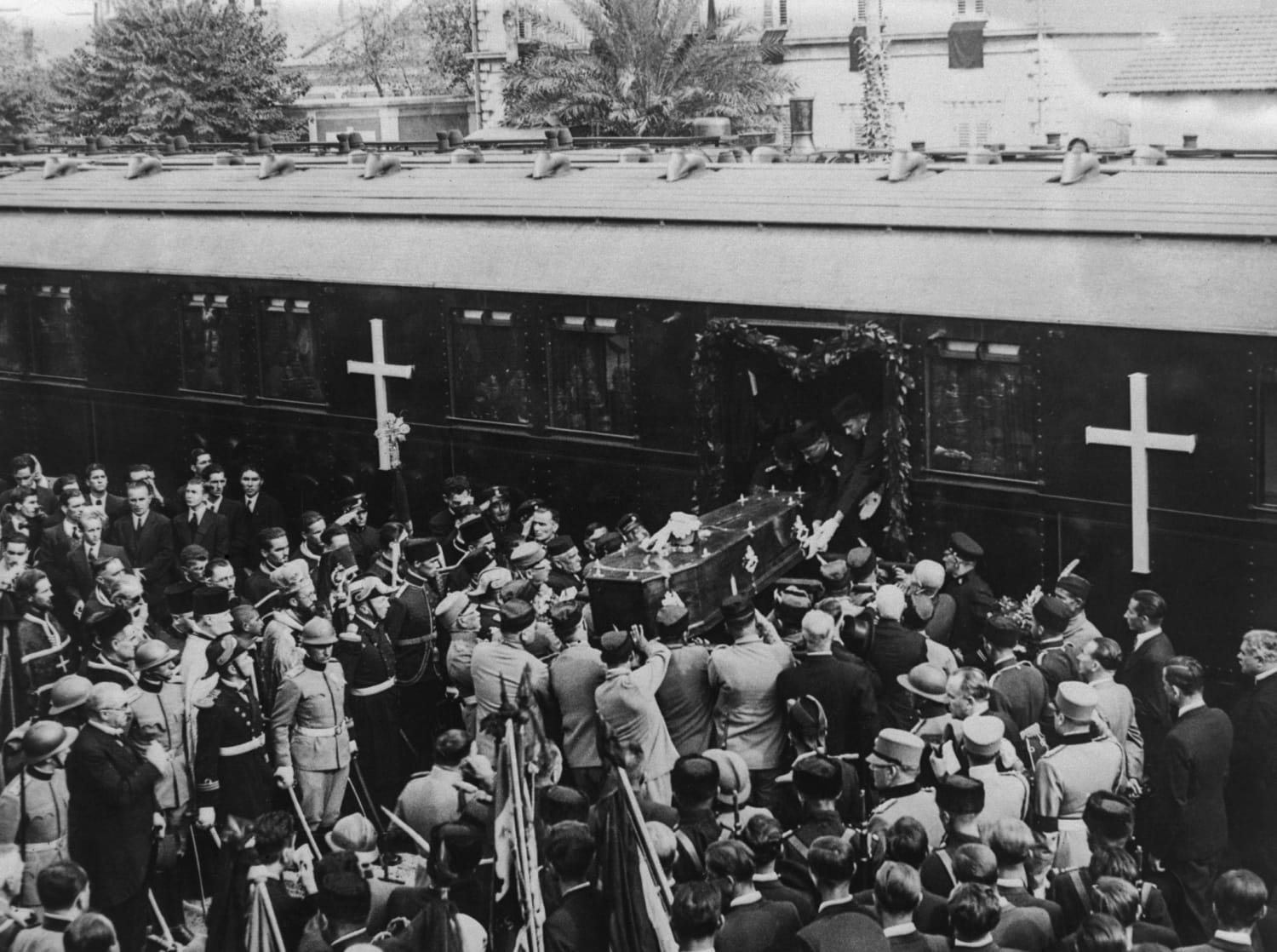 The coffin of King Alexander 1st of Yugoslavia is hoisted into the wagon of the special train which will take him to Zagreb (Split, Yugoslavia 1934)