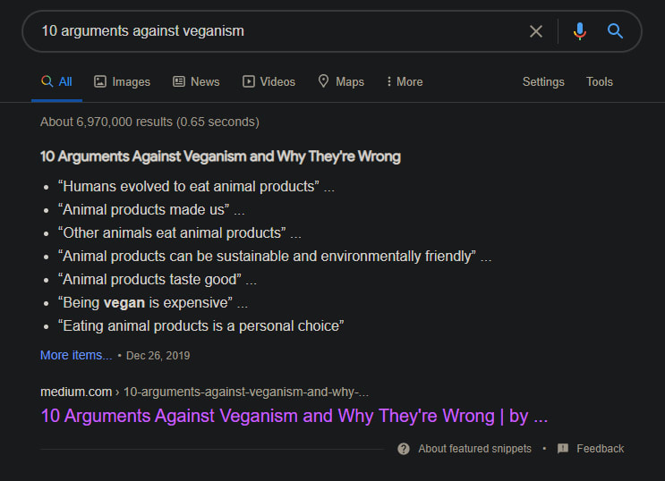 Pro-vegan article is the first search result when you google "10 arguments against veganism"