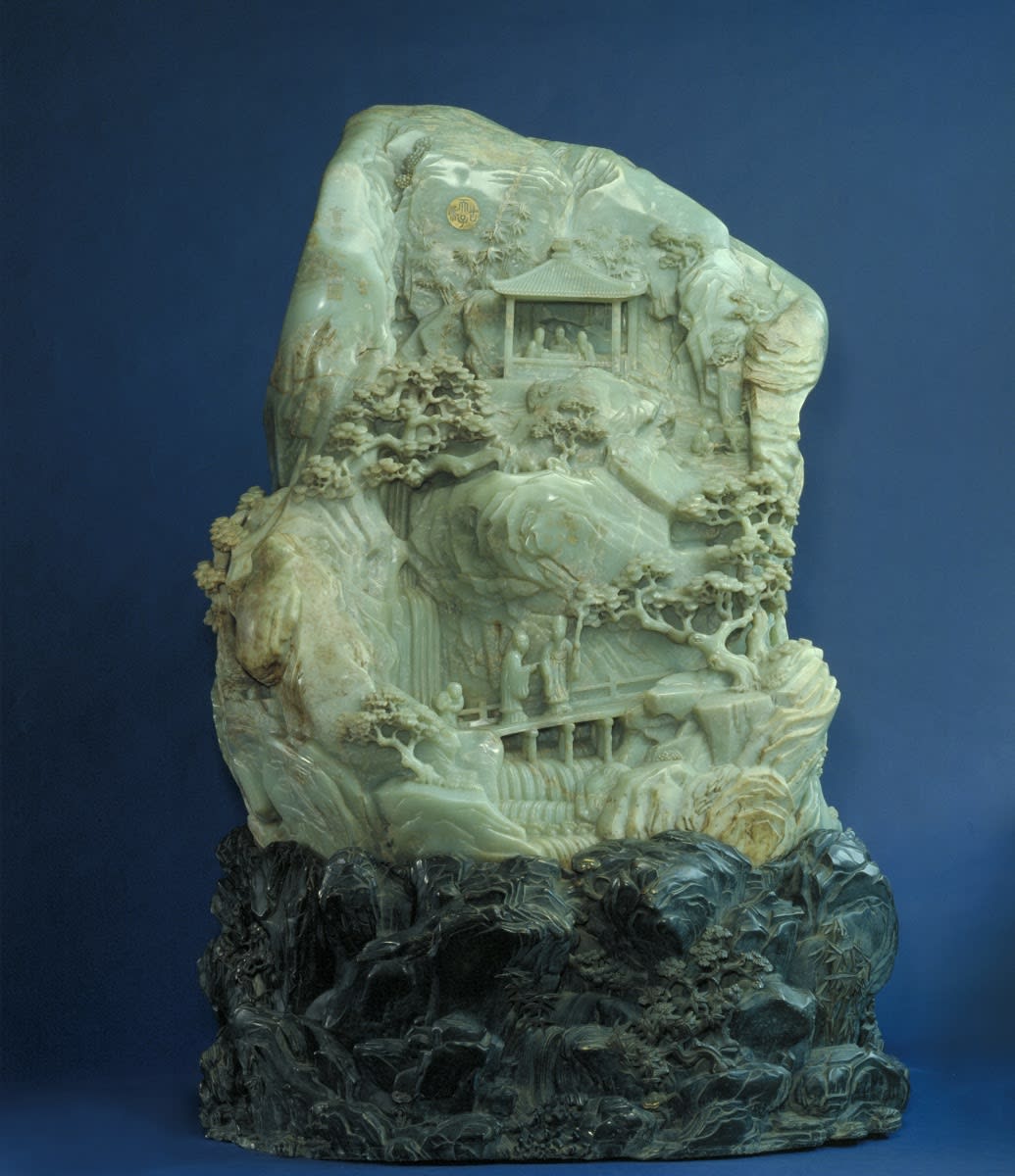 Jade sculpture of the nine elders of Huichang depicting the story of the fifth year of the Huichang reign of the Tang dynasty in which Bai Juyi and eight other famous literati held a banquet at Mount Xiang. 1786 CE, Qianlong reign, now on display at the Palace Museum in Beijing