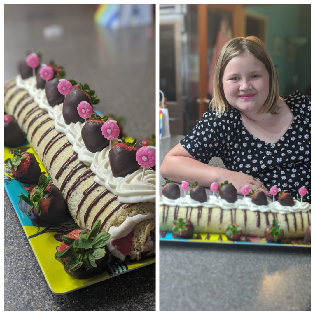 When my oldest kiddo wants a Swiss roll cake with chocolate covered strawberries for her birthday, she gets one! The cake itself is almond, and it's filled with chocolate ganache, whipped cream, and fresh strawberries.