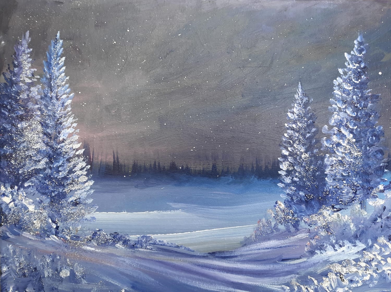 A peaceful winter scene I painted today! Acrylic on canvas.