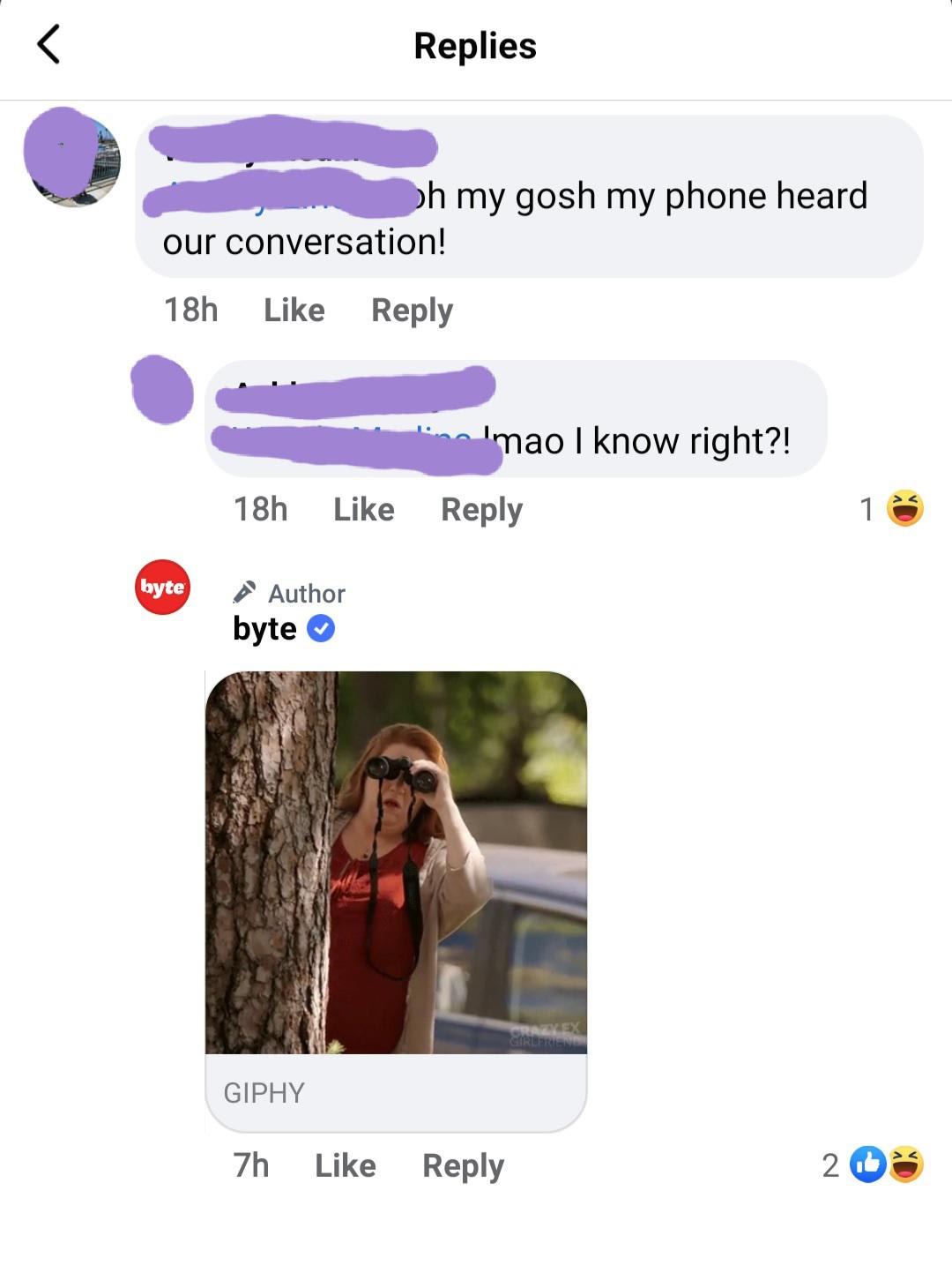 Person makes comment about our phones listening to us for targeted marketing, brand thinks it's funny to reply with a witty gif.