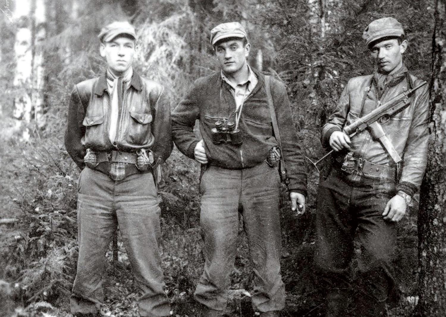 Anti-Soviet Lithuanian guerrillas (from left to right) Klemensas Širvys-Sakalas, Juozas Lukša-Skirmantas and Benediktas Trumpys-Rytis in the forest circa 1949.