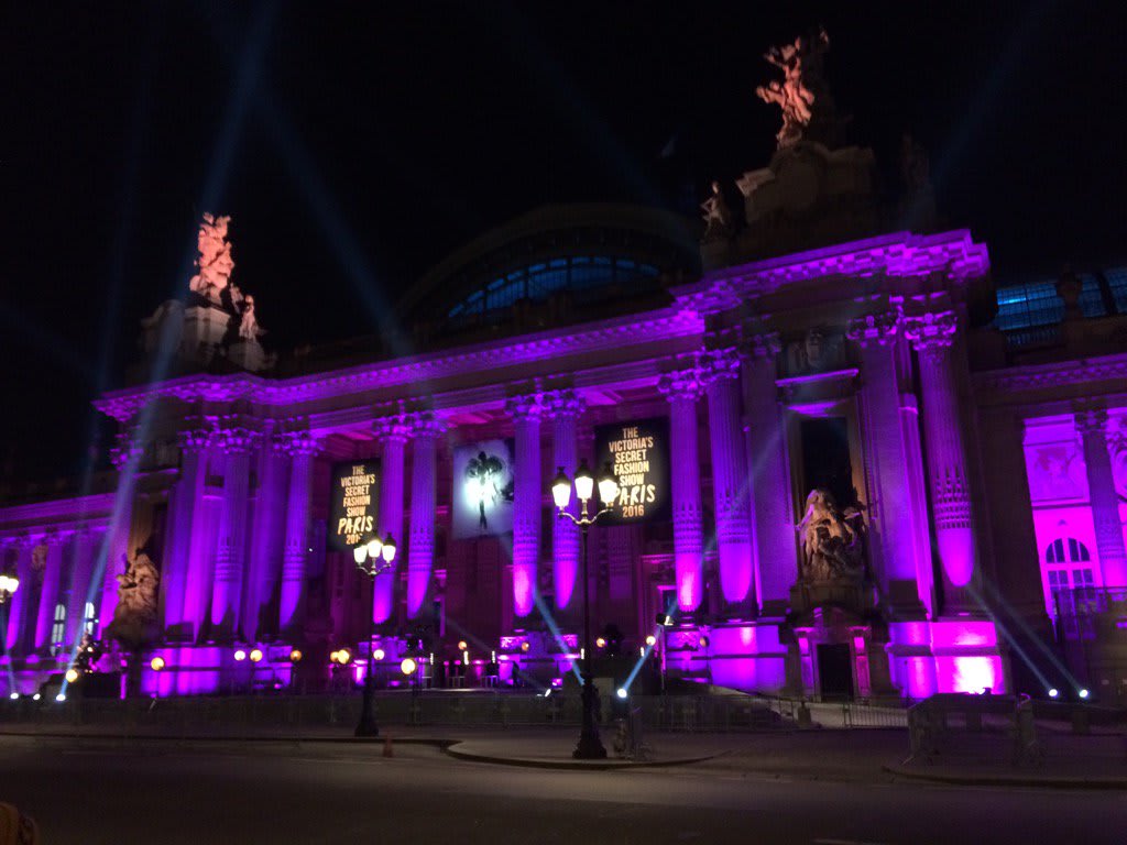 The Grand Palais is lit up beautifully in purple for the Victoria's Secret show in Paris