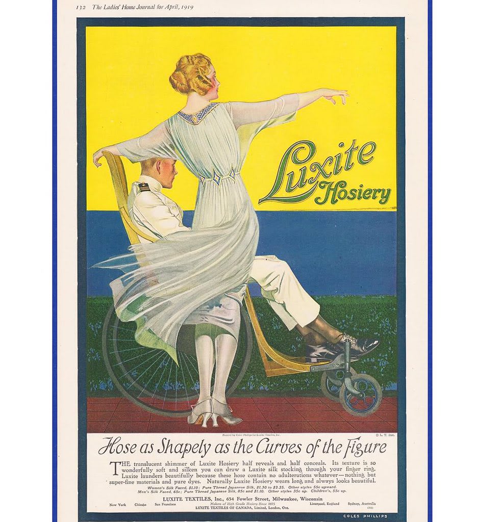 Disability visibility is so sparse even in modern media, so it's wonderful to see a gentleman in a wheelchair elegantly depicted in this 1919 Luxite Hosiery ad by Coles Phillips. It mustve been especially powerful for the countless men injured in WWI to see themselves represented