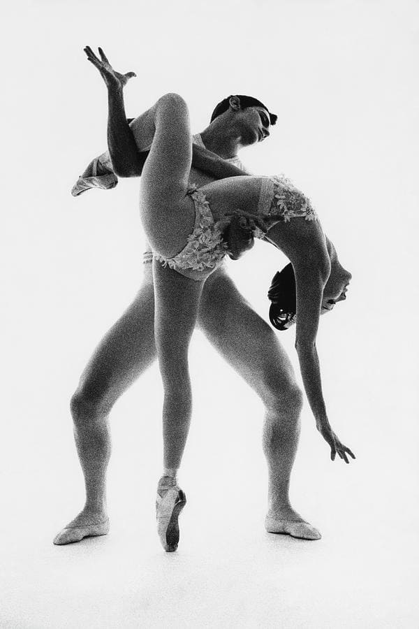 Allegra Kent and Edward Villella of the New York City Ballet for its production of Bugaku, 1963. Photograph by celebrity photographer Bert Stern, who was married to Kent at the time. Stern is most famous for photographing Marilyn Monroe's last photoshoot.