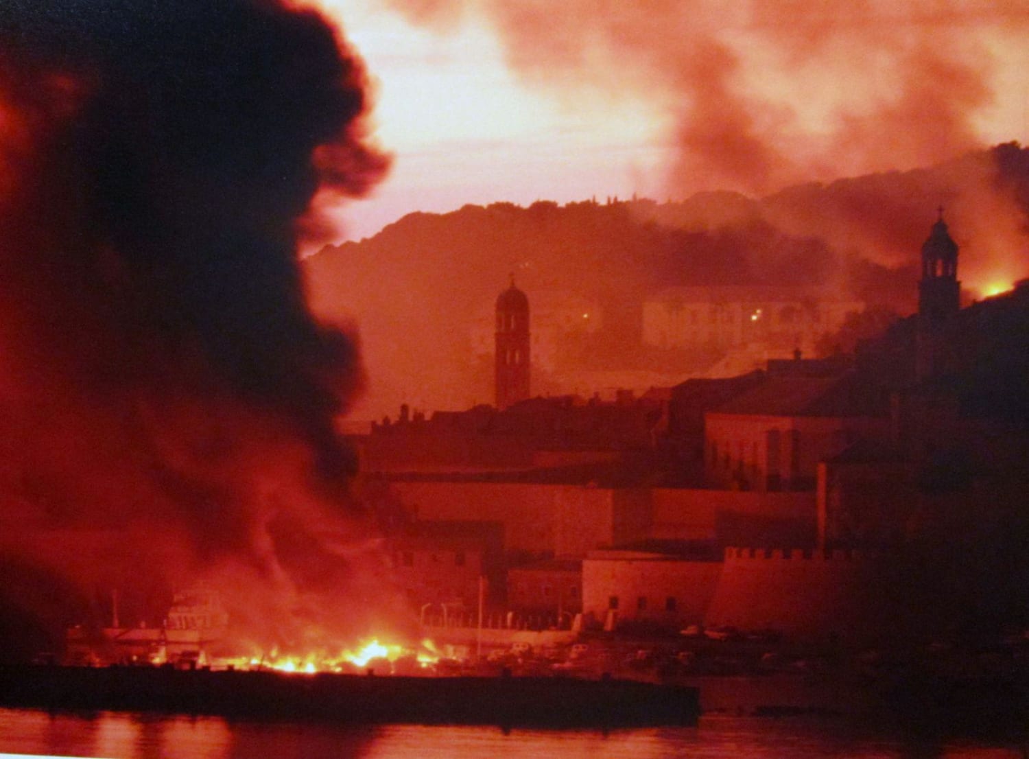 UNESCO world heritage site, city of Dubrovnik in Croatia, being bombed by Yugoslav army during their unsuccessful siege of the city at the begining of the Croatian War of Independence in 1991