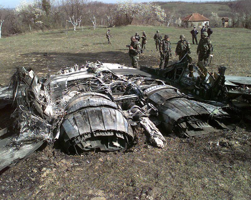 Wreckage of a Yugoslav MiG-29 'Fulcrum' jet fighter from the Air Force of Serbia and Montenegro (Ratno Vazduhoplovstvo Srbije i Crne Gore), shot down by a NATO jet fighter, outside the town of Ugljevik, Bosnia and Herzegovina, during the Kosovo War on March 27th, 1999.