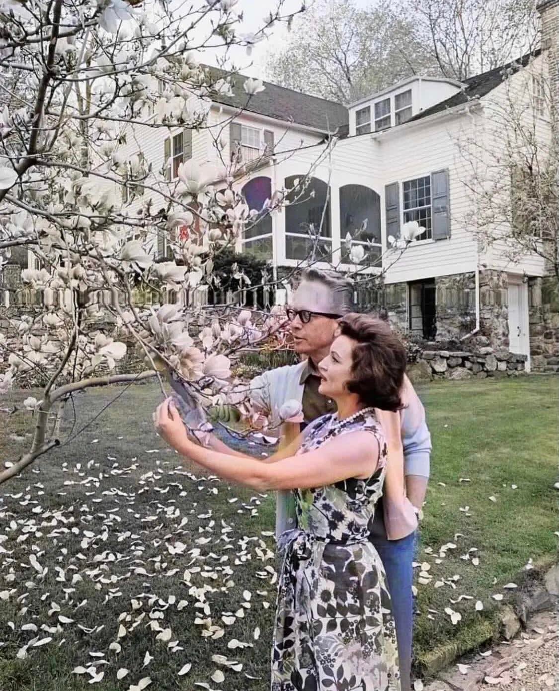 Betty White and her husband, Allen Ludden, admiring magnolia blossoms at their country home in Westchester NY, 1965
