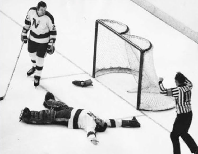 Gump Worsley knocked out cold by a slapshot. After getting treated in the locker room with ice and a Budweiser, he pronounced himself fit for the 3rd period. Ah the good 'ol days! (early 70's)