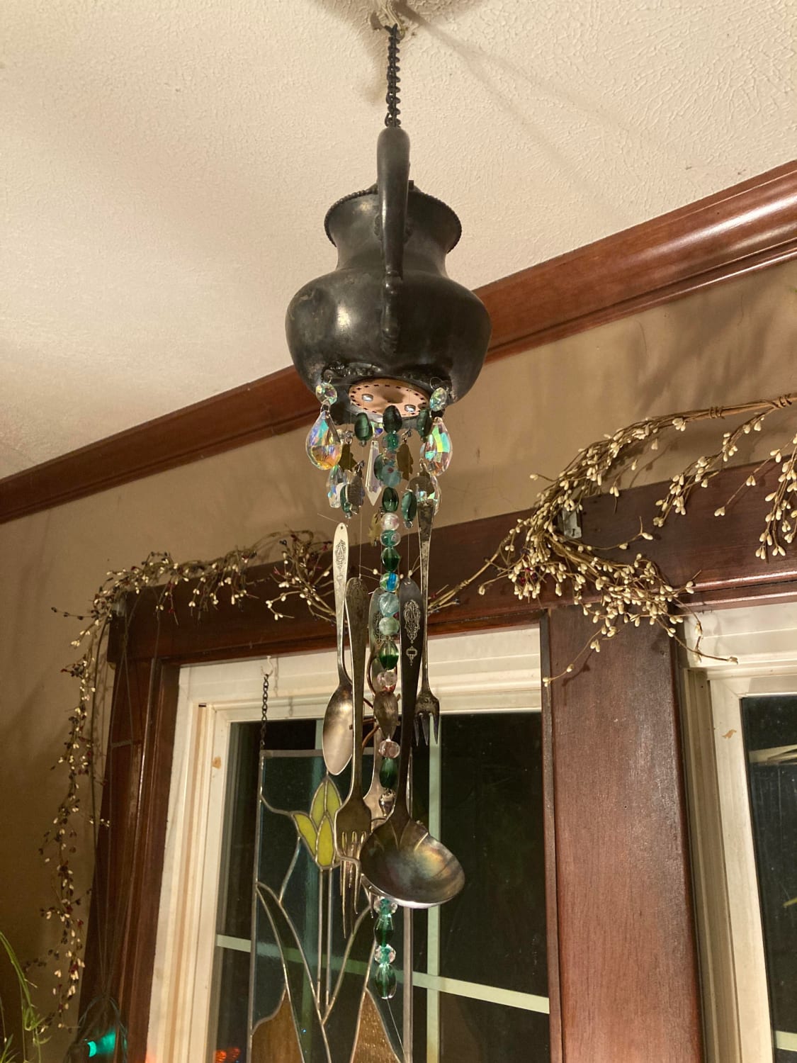My Mother in laws latest creation. Indoor wind chime made of old silverware.