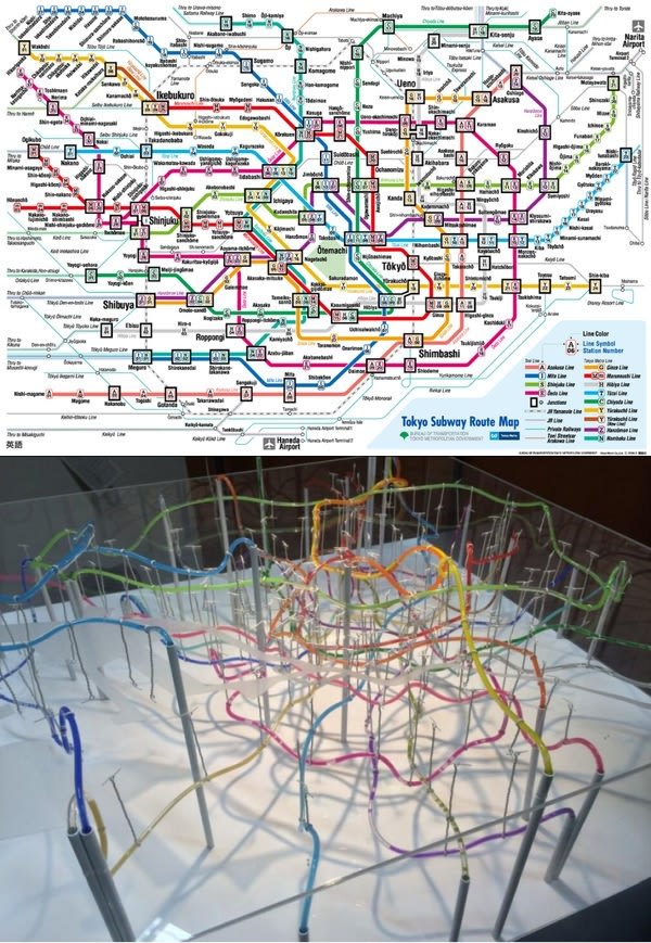 Two dimensional and three dimensional map of the Tokyo subway system