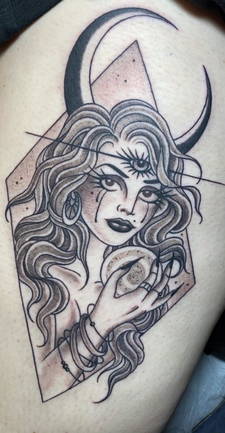 Upper thigh tattoo by Carly V from Tattoo Artistry in Tucson, Arizona