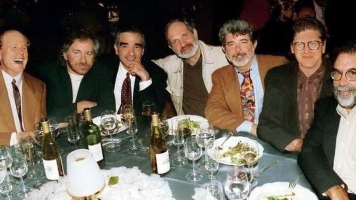 Ron Howard, Steven Spielberg, Martin Scorsese, Brian De Palma, George Lucas, Robert Zemeckis and Francis Ford Coppola at Lucas' 50th birthday party. May, 1994