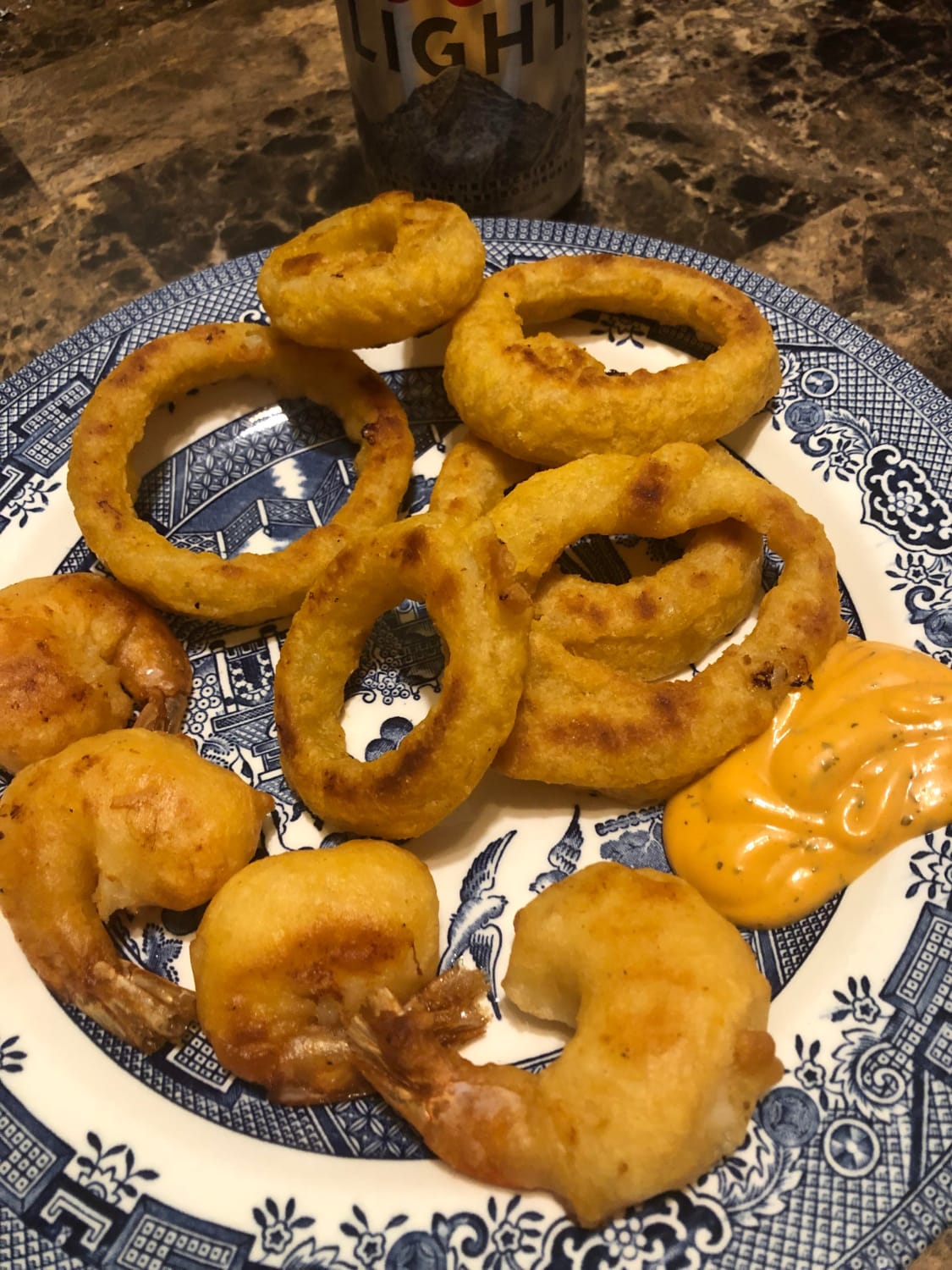 [i ate] beer battered shrimp and onion rings dipped in franks Buffalo ranch