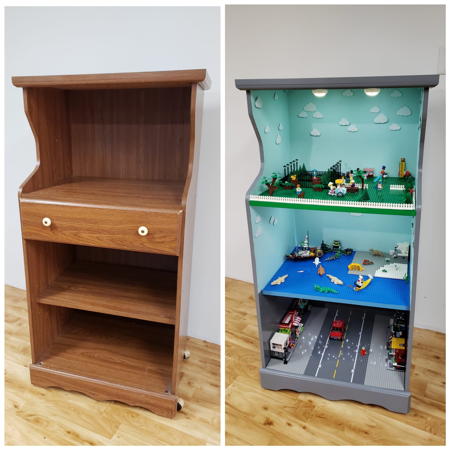I turned an old microwave cart into a rolling Lego stand for my daughters for Christmas.