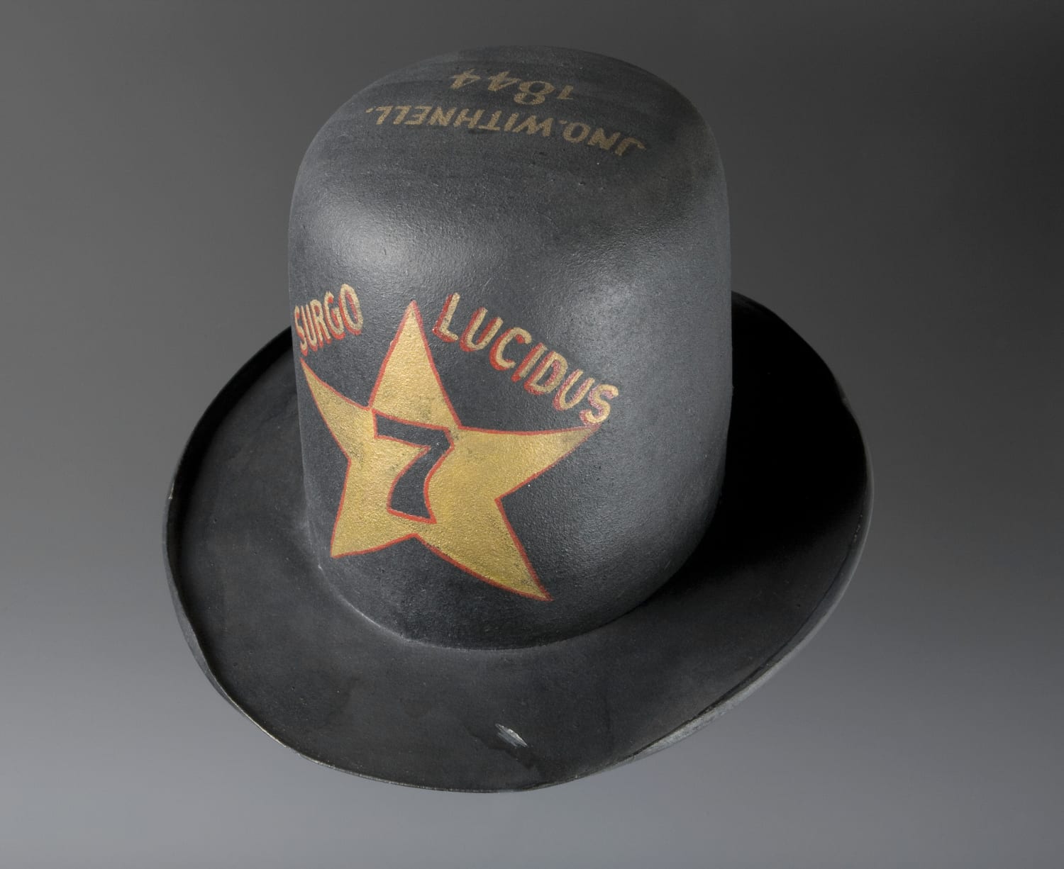 Painted felt hat worn by fireman Jonathan Withnell of Phoenix Fire Co. No. 7 in St. Louis, Missouri, c. 1852.