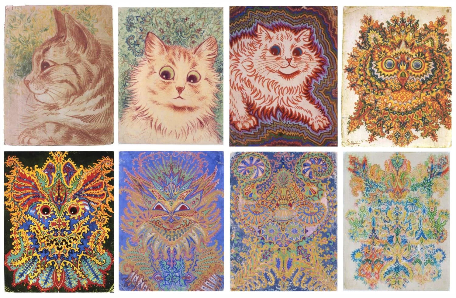 Evolution of artist Louis Wain’s cat drawings as he further spiraled into schizophrenia.