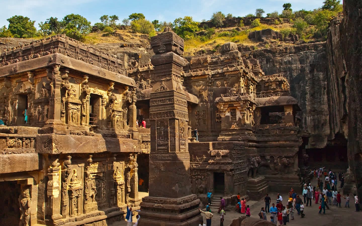 The rock-cave Kailash Temple in Ellora (INDIA) is the largest monolithic structure in the world. It was carved top to bottom in the 8th century and the main structure exists despite many attempts to destroy it.