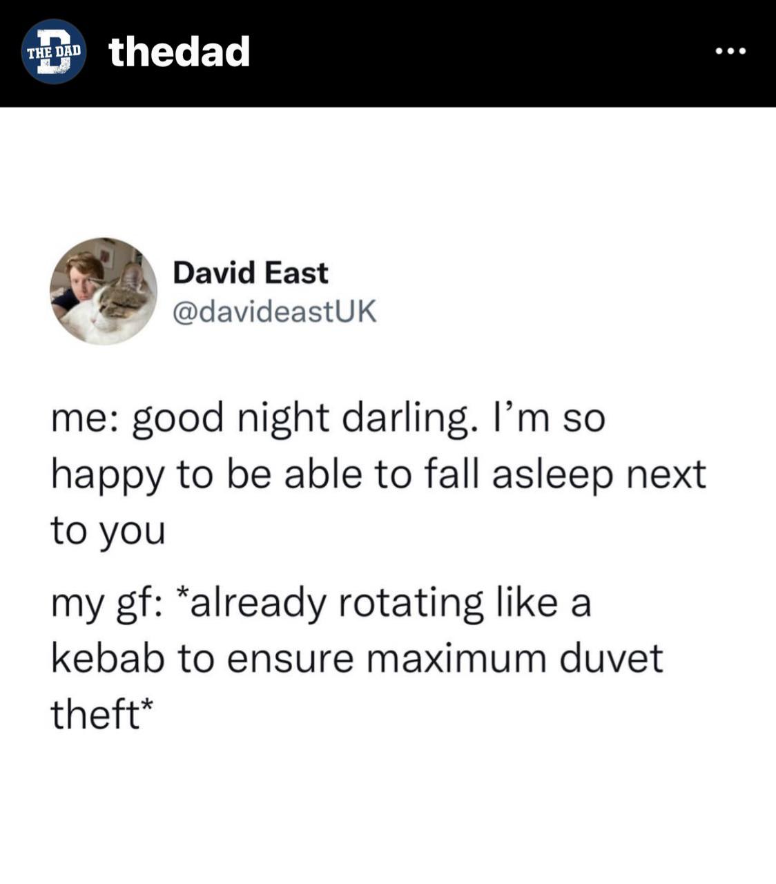 Guilty as the kebab rotating to ensure maximum duvet theft